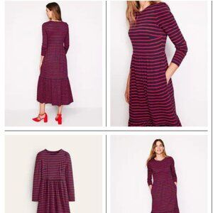Boden Emma Red Blue Striped Long Sleeve Midi Dress Size 6 US Pockets EUC